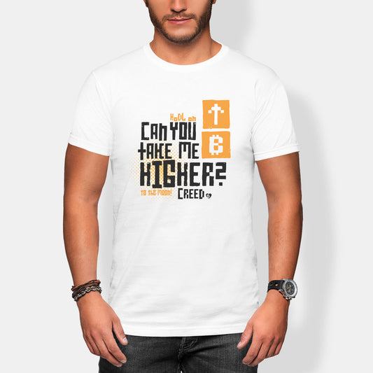 Person wearing a white t-shirt with a graphic design and text can you take me higher.