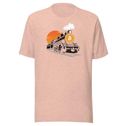 Pink t-shirt with a graphic of a train and Bitcoin symbol on a white background