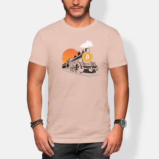 Person wearing a beige t-shirt with a bitcoin train graphic design on a plain background