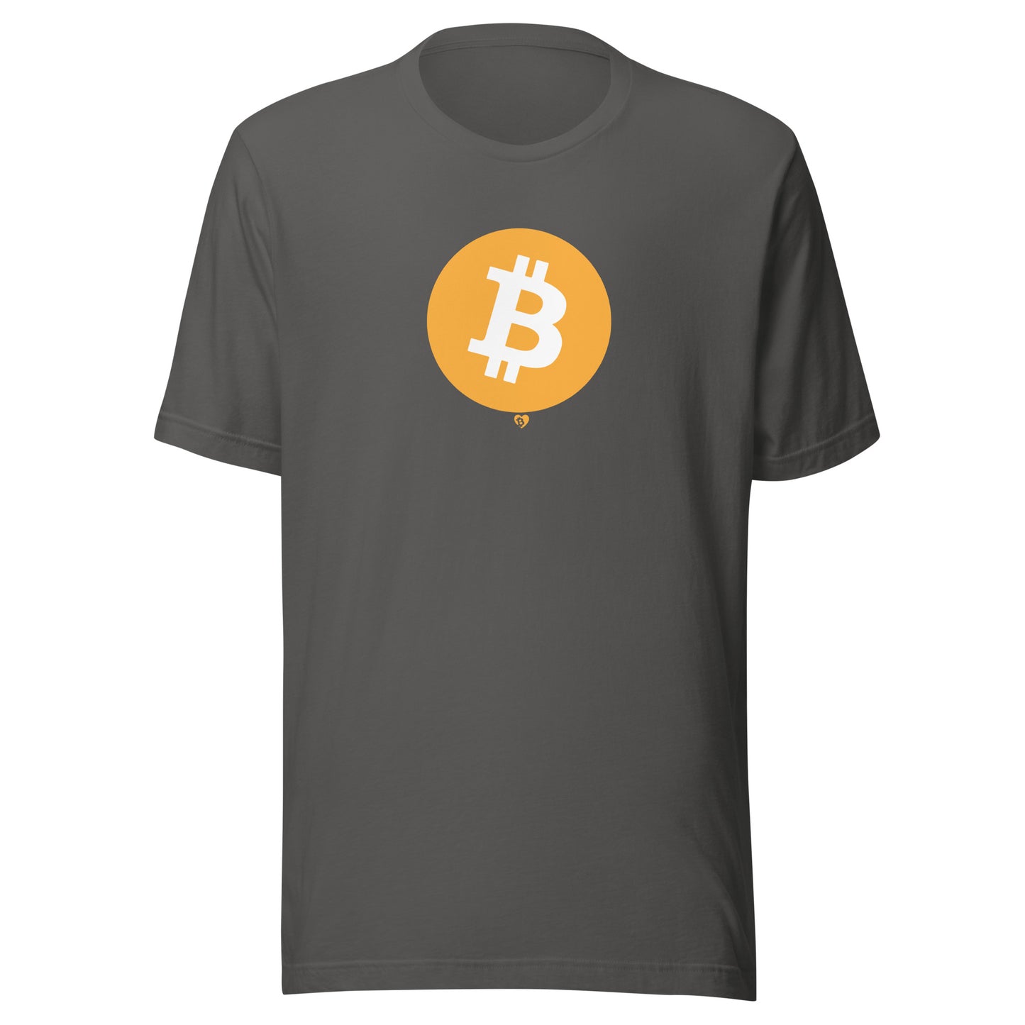 Gray t-shirt with Bitcoin logo on a white background