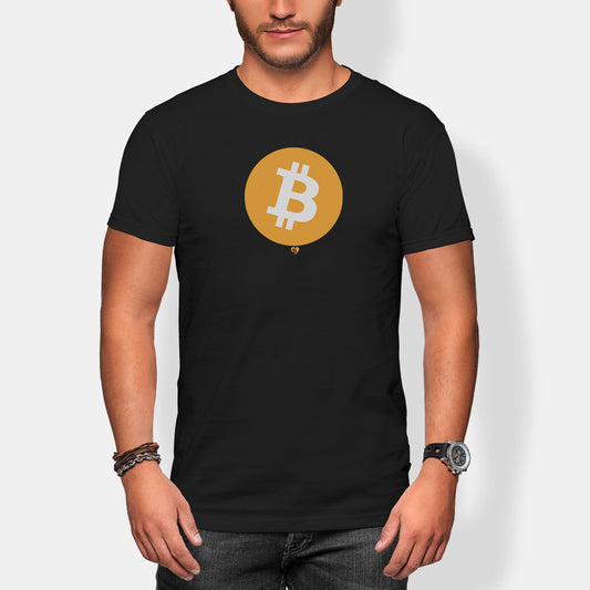 Person wearing a black t-shirt with a Bitcoin logo on a white background