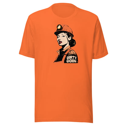 Orange t-shirt with a graphic of a miner  wearing a bitcoin hard hat and 'DIRTY COIN' text on a white background