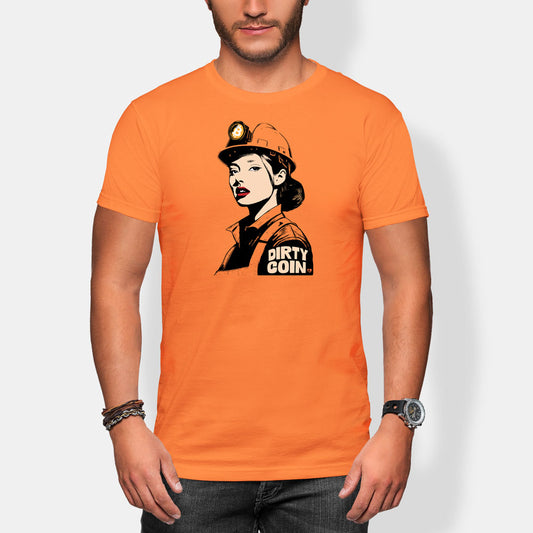 Person wearing an orange t-shirt with a bitcoin miner girl graphic design and text on a white background