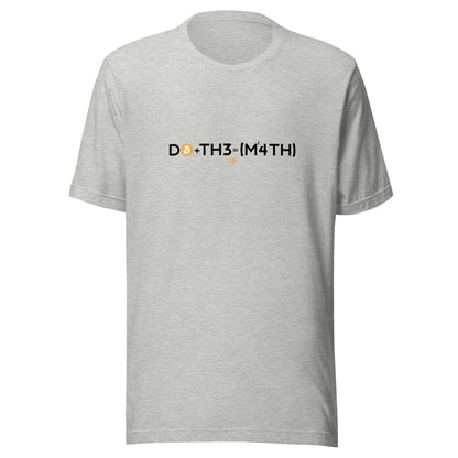 Gray t-shirt with 'DO+TH3-M4TH' bitcoin text on a white background