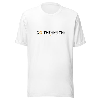 White t-shirt with a black and orange logo bitcoin do the math on a white background