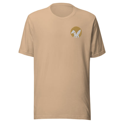 Beige t-shirt with a rabbit logo on the chest against a white background