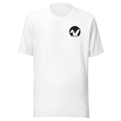 White t-shirt with a black rabbit logo on a white background