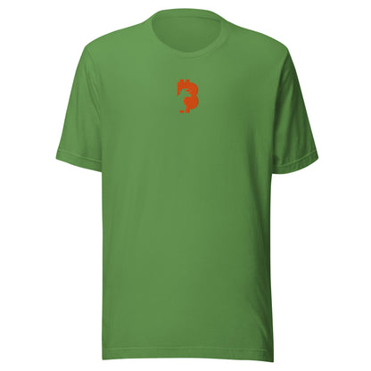 Green t-shirt with a orange bitcoin bull logo on a white background