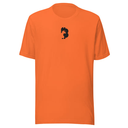 Orange t-shirt with a small black bitcoin. bull logo on a white background