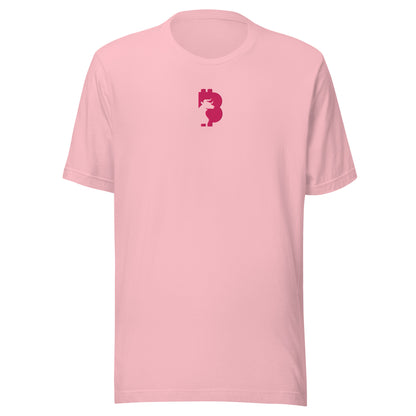 Pink t-shirt with a small bitcoin bull logo on the chest against a white background