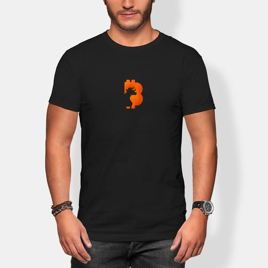 Person wearing a black t-shirt with an orange bitcoin bull logo on a white background