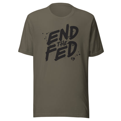 Green t-shirt with 'END THE FED' text on a white background