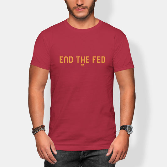 Red t-shirt with 'END THE FED' text worn by a person on a white background