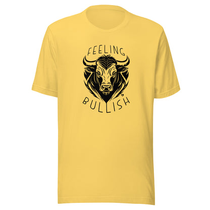 Yellow t-shirt with a bull graphic and 'Feeling Bullish' text on a white background