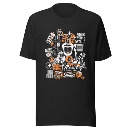 Black t-shirt with bitcoin collage graphic design featuring text and symbols on a white background