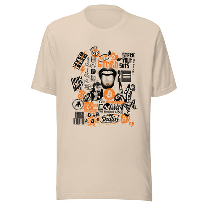 Beige t-shirt with bitcoin collage graphic design featuring text and images on a white background