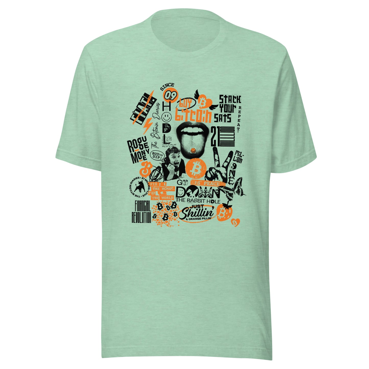 Light green t-shirt with bitcoin collage graphic design on a white background