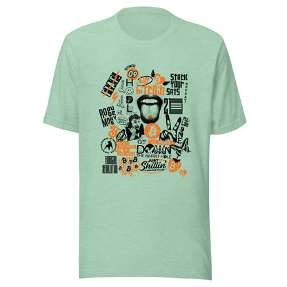 Light green t-shirt with bitcoin collage graphic design on a white background