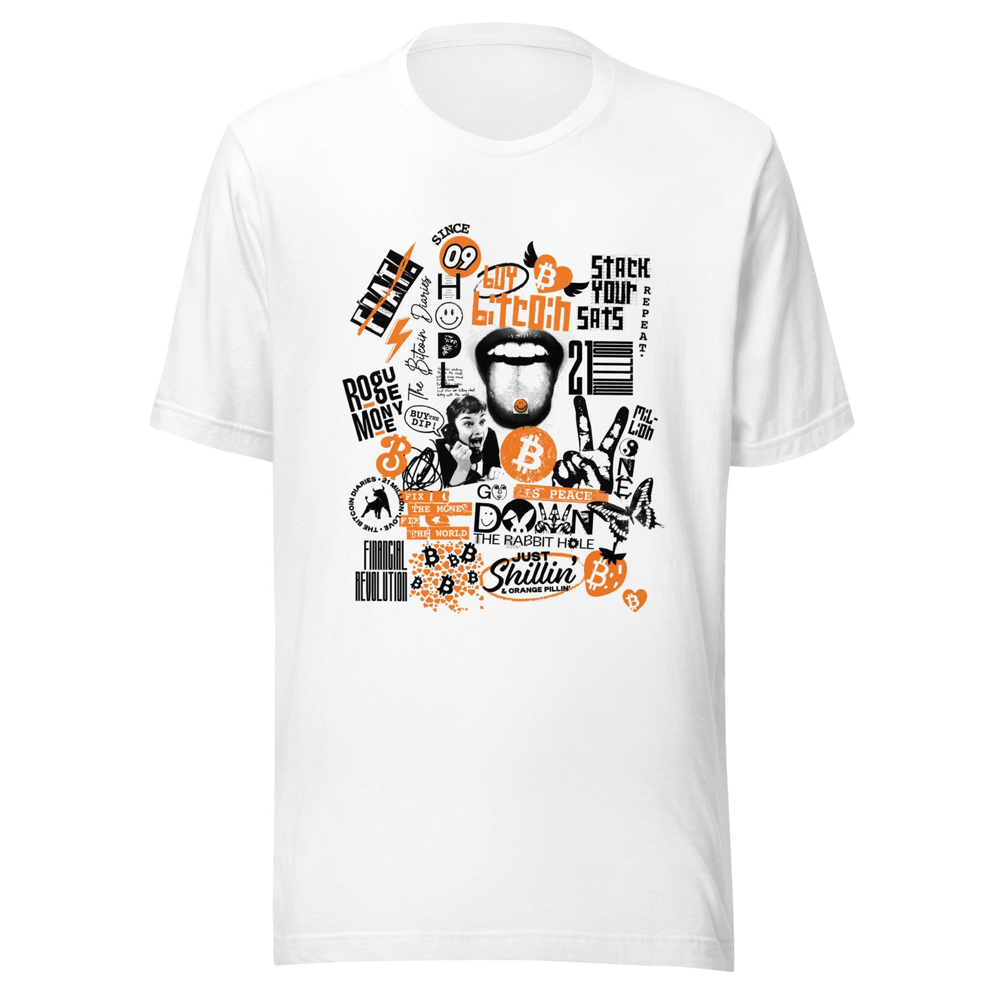 White t-shirt with black and orange bitcoin collage graphic design on a white background