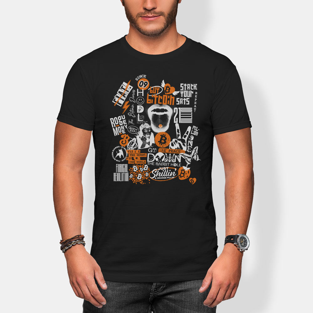 Man wearing a black t-shirt with bitcoin collage graphic design on a white background