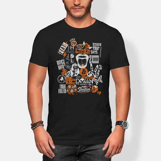 Man wearing a black t-shirt with bitcoin collage graphic design on a white background