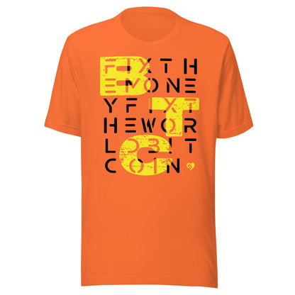 Orange t-shirt with scrambled text fix the money fix the world btc design on a white background