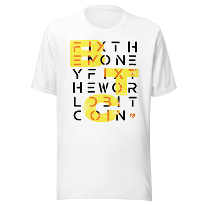White t-shirt with colorful text fix the money fix the world btc design on a white background