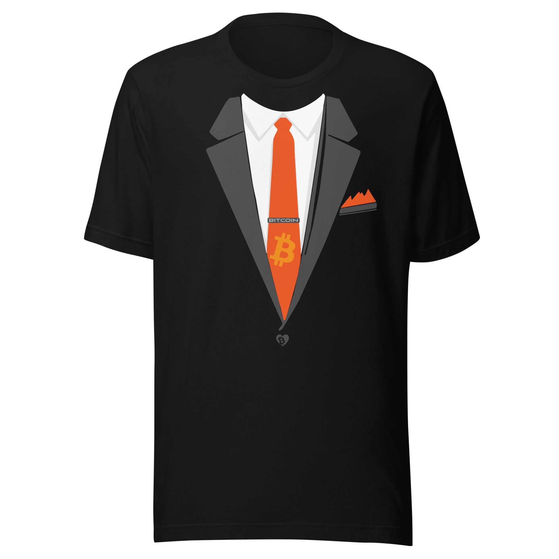 Black t-shirt with a graphic of a suit, bitcoin tie, and pocket square on a white background