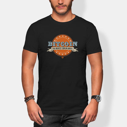 Person wearing a black t-shirt with Bitcoin graphic design on a white background