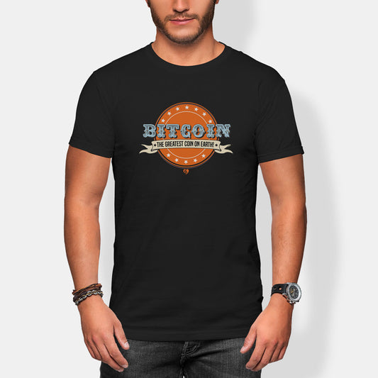 Person wearing a black t-shirt with Bitcoin graphic design on a white background