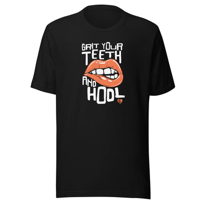 Black t-shirt with HODL graphic design and text on a white background