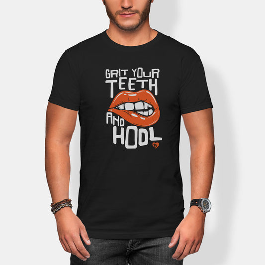 Person wearing a black t-shirt with a graphic HODL design and text on a white background