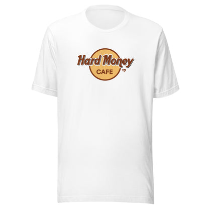 White t-shirt with 'Hard Money Cafe' logo on a white background