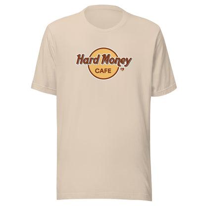 Beige t-shirt with 'Hard Money Cafe' logo on a white background