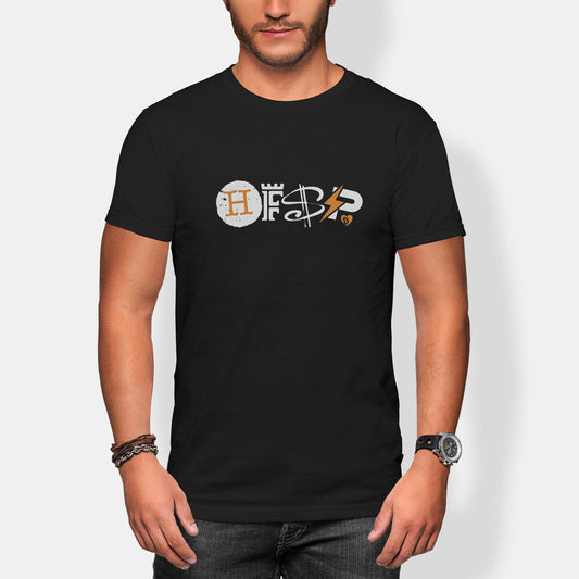 Person wearing a black t-shirt with a hfsp logo on a white background