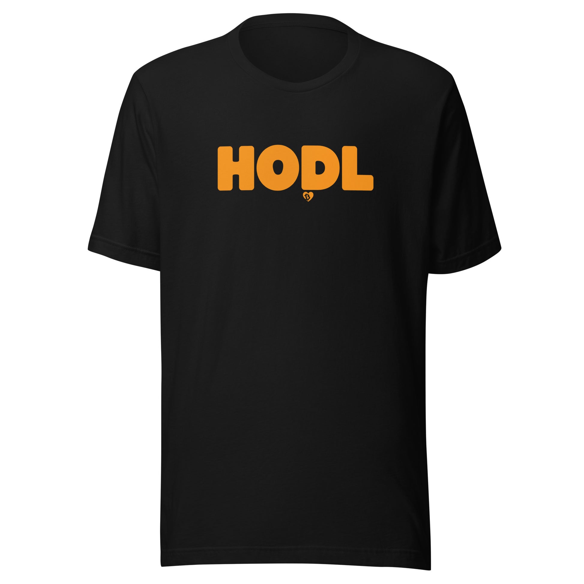 Black t-shirt with 'HODL' printed in orange on a white background
