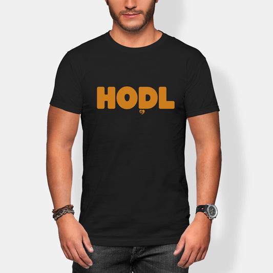Person wearing a black t-shirt with 'HODL' printed in orange on a white background