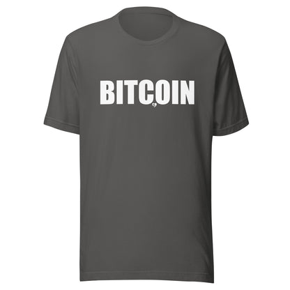 Dark gray t-shirt with 'BITCOIN' printed in white on a white background