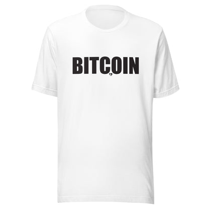 White t-shirt with 'BITCOIN' printed in black on a white background