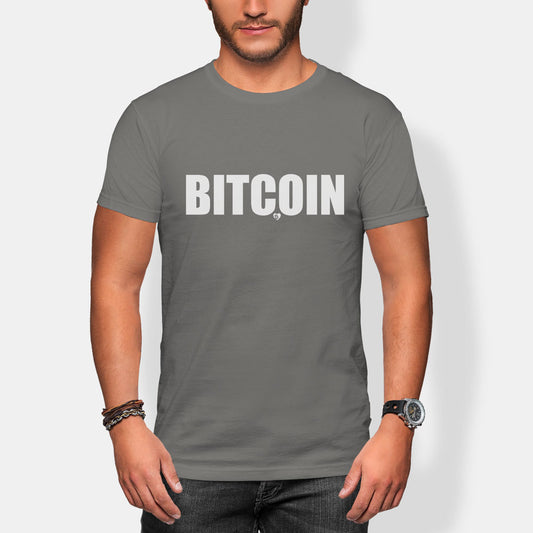 Person wearing a gray t-shirt with 'BITCOIN' printed on it against a white background