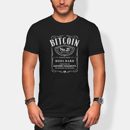 Person wearing a black t-shirt with jack daniels Bitcoin design on a white background