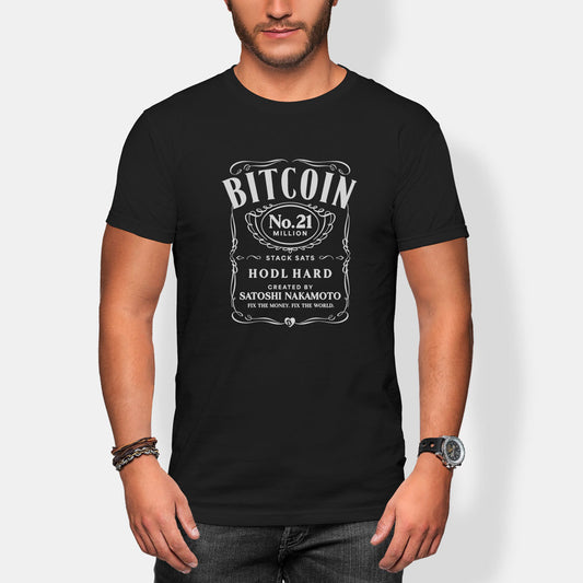 Person wearing a black t-shirt with jack daniels Bitcoin design on a white background