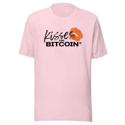 Pink t-shirt with 'Kisses for Bitcoin' text and graphic on a white background