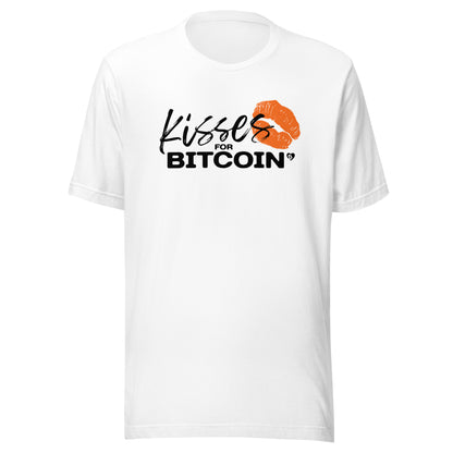 White t-shirt with 'Kisses for Bitcoin' text and graphic on a white background