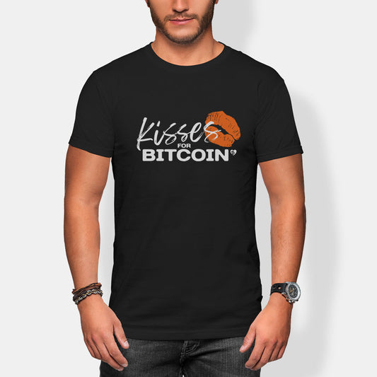 Person wearing a black t-shirt with 'Kisses for Bitcoin' design on a white background