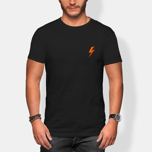Person wearing a black t-shirt with an orange lightning bolt design on a white background