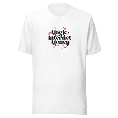 White t-shirt with 'Magic Internet Money' text on a white background