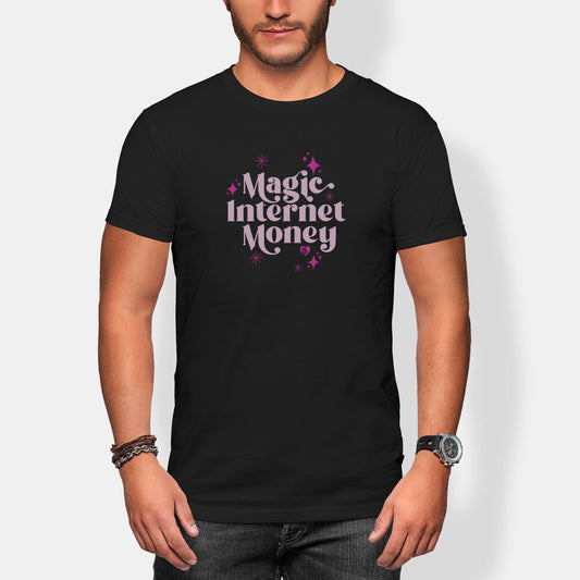 Person wearing a black t-shirt with 'Magic Internet Money' text on a white background
