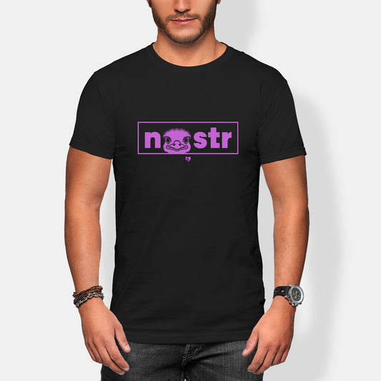 Person wearing a black t-shirt with a pink logo nostr on a white background
