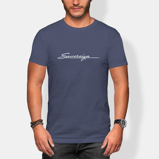 Man wearing a blue t-shirt with 'Sovereign' logo on a white background